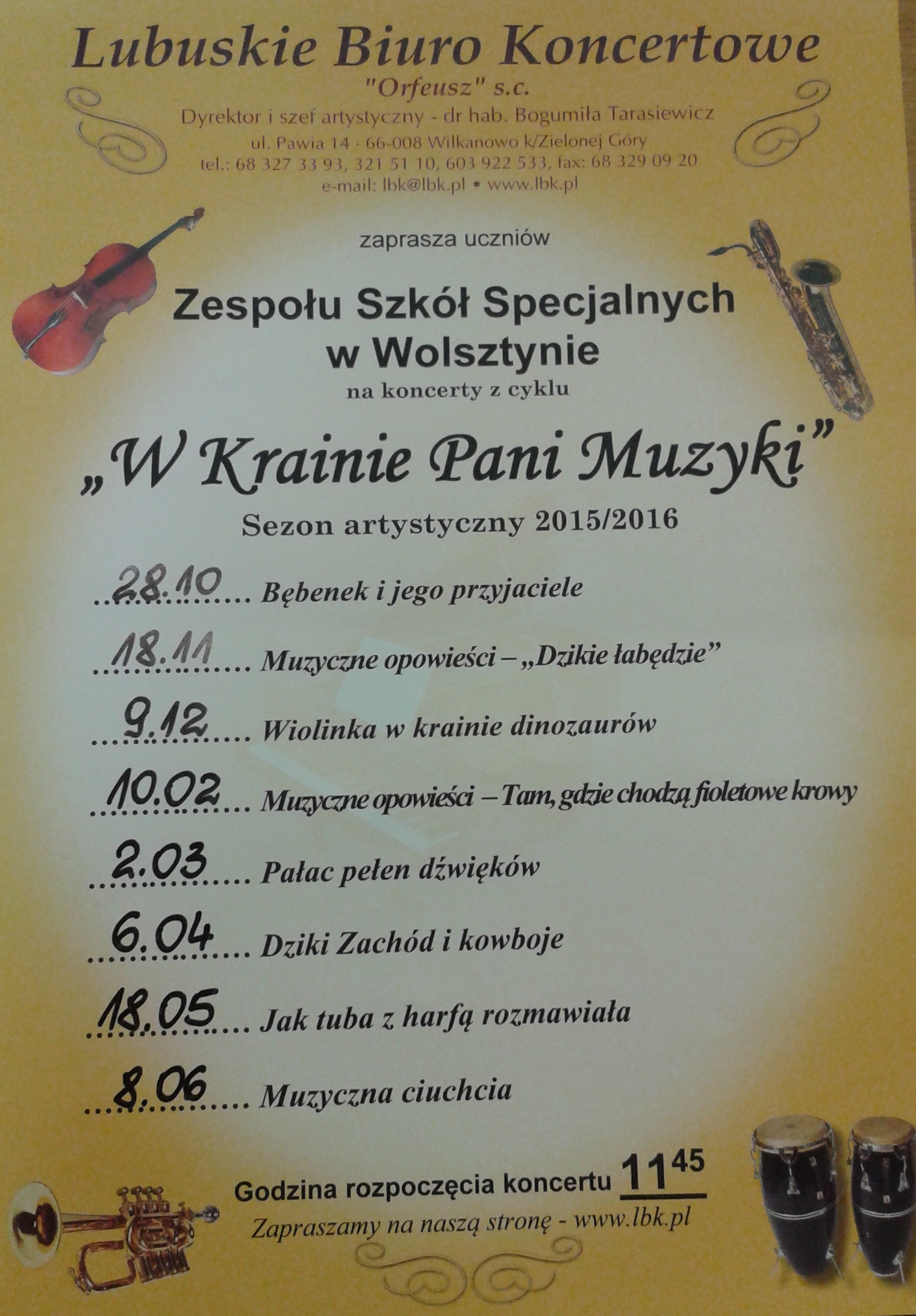 Terminy koncertów z cyklu: „W Krainie Pani Muzyki”